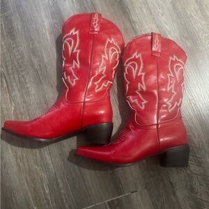 Red cowboy boots with a heel